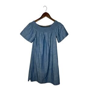 J Crew Dress Womans Size‎ 0 Petite Blue Off The Shoulder Chambray Smocked Denim